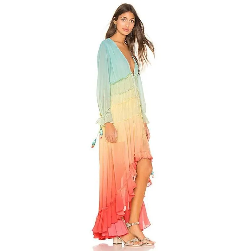 Rainbow Color Bohemian Maxi Dress in Vibrant Chiffon - Lightweight and Flattering