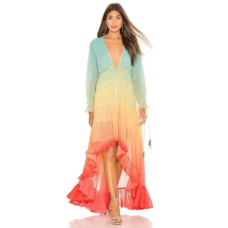 Rainbow Color Bohemian Maxi Dress in Vibrant Chiffon - Lightweight and Flattering