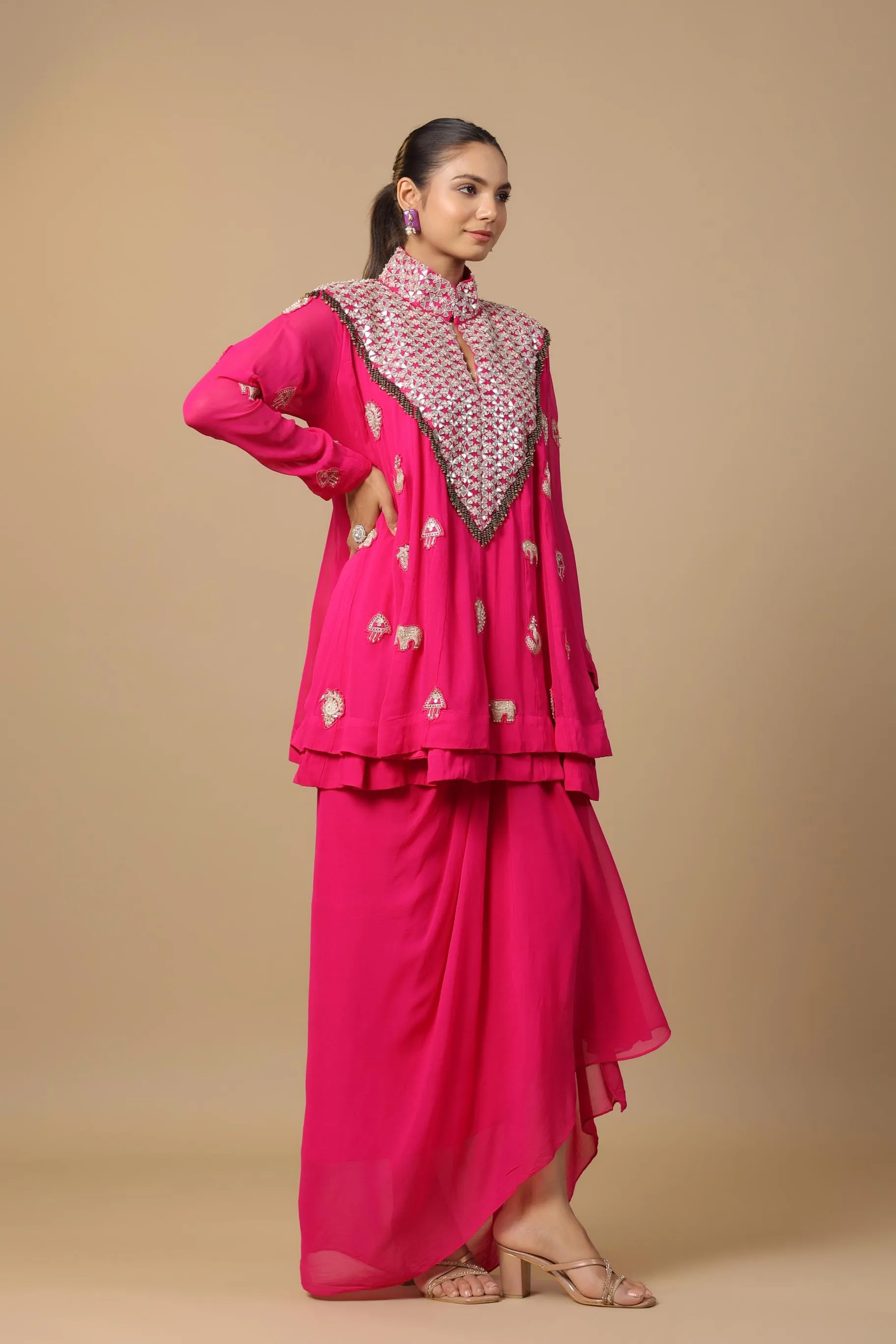 Rani Pink Embellished Premium Georgette Silk Skirt Set