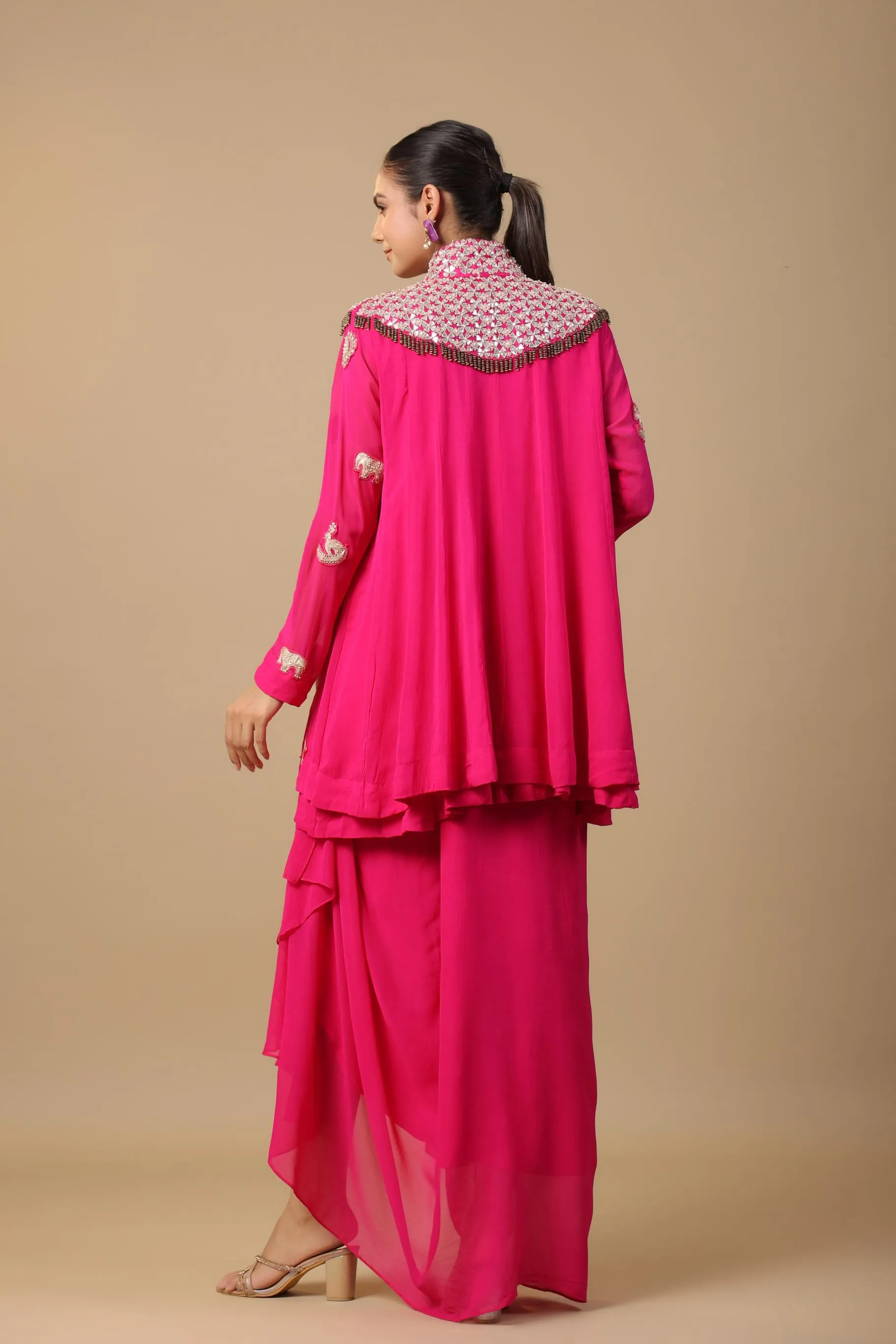 Rani Pink Embellished Premium Georgette Silk Skirt Set