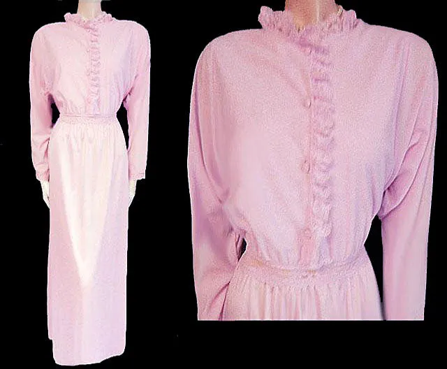 *RARE VINTAGE OLGA BRUSHED NYLON FLANNEL-LIKE SPANDEX LACE NIGHTGOWN IN CANDY KISSES - SIZE LARGE