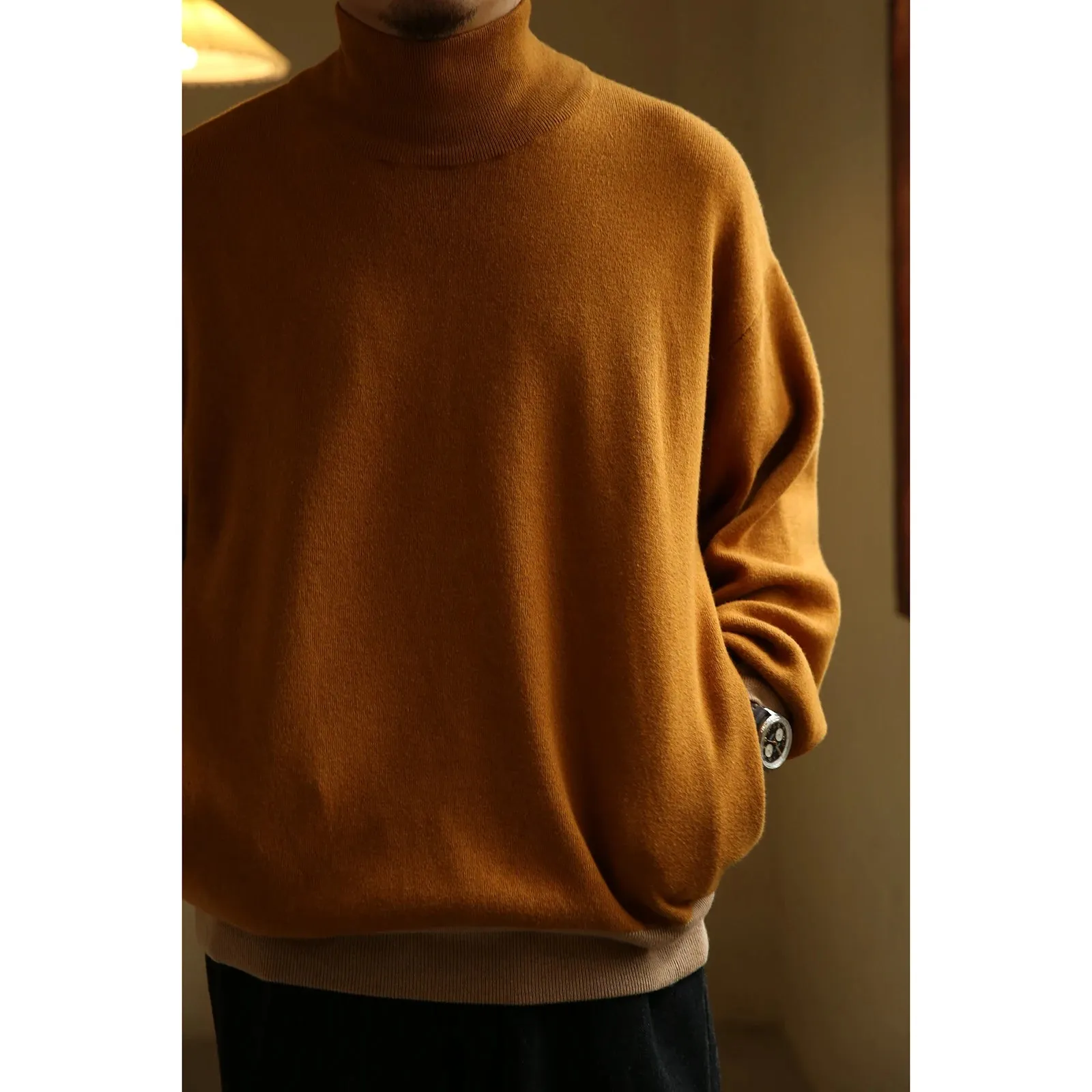 Roll Neck Two-tone Sweater Cotton Cashmere Men's Turtleneck Knitwear