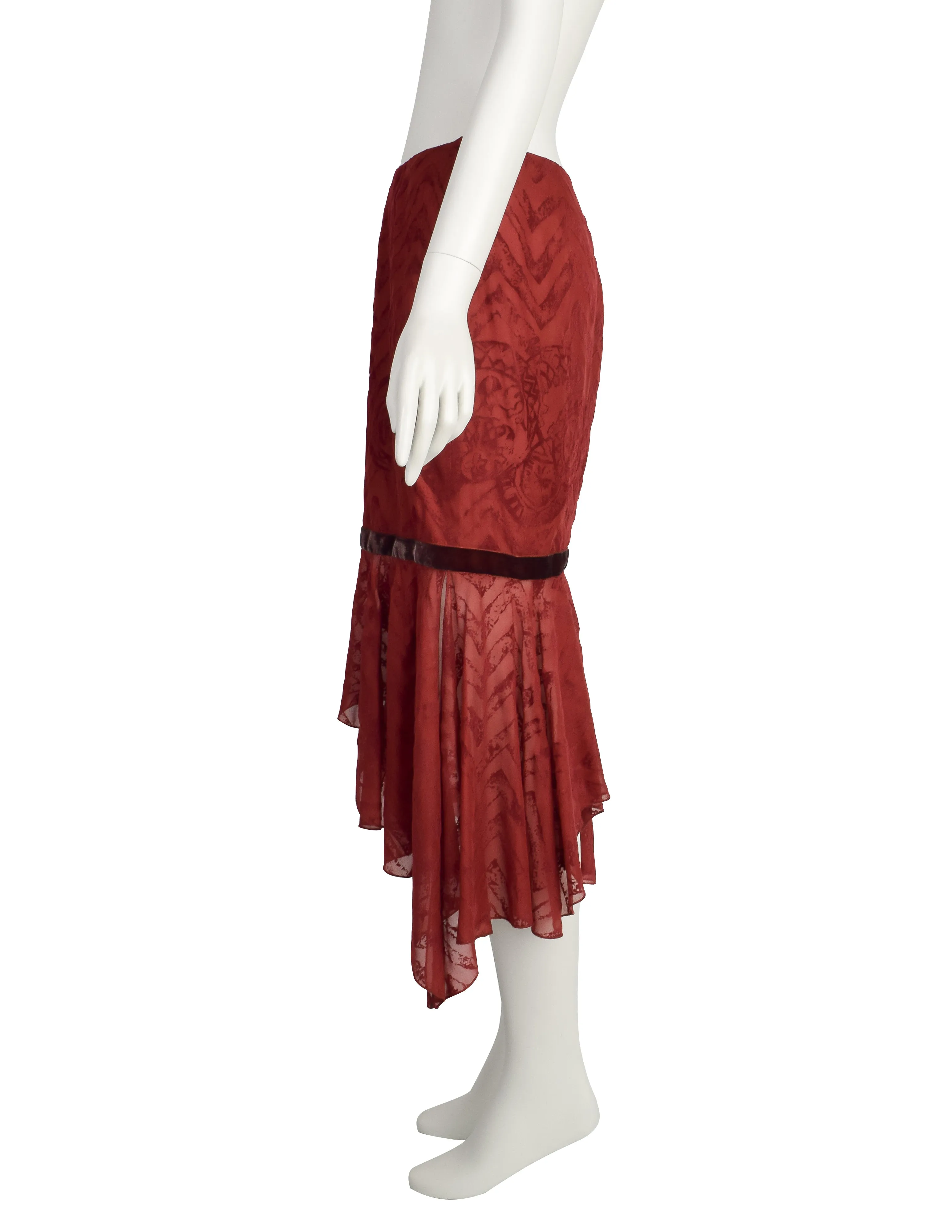 Romeo Gigli Vintage AW 1997 Burgundy Velvet Burnout Silk Chiffon Skirt