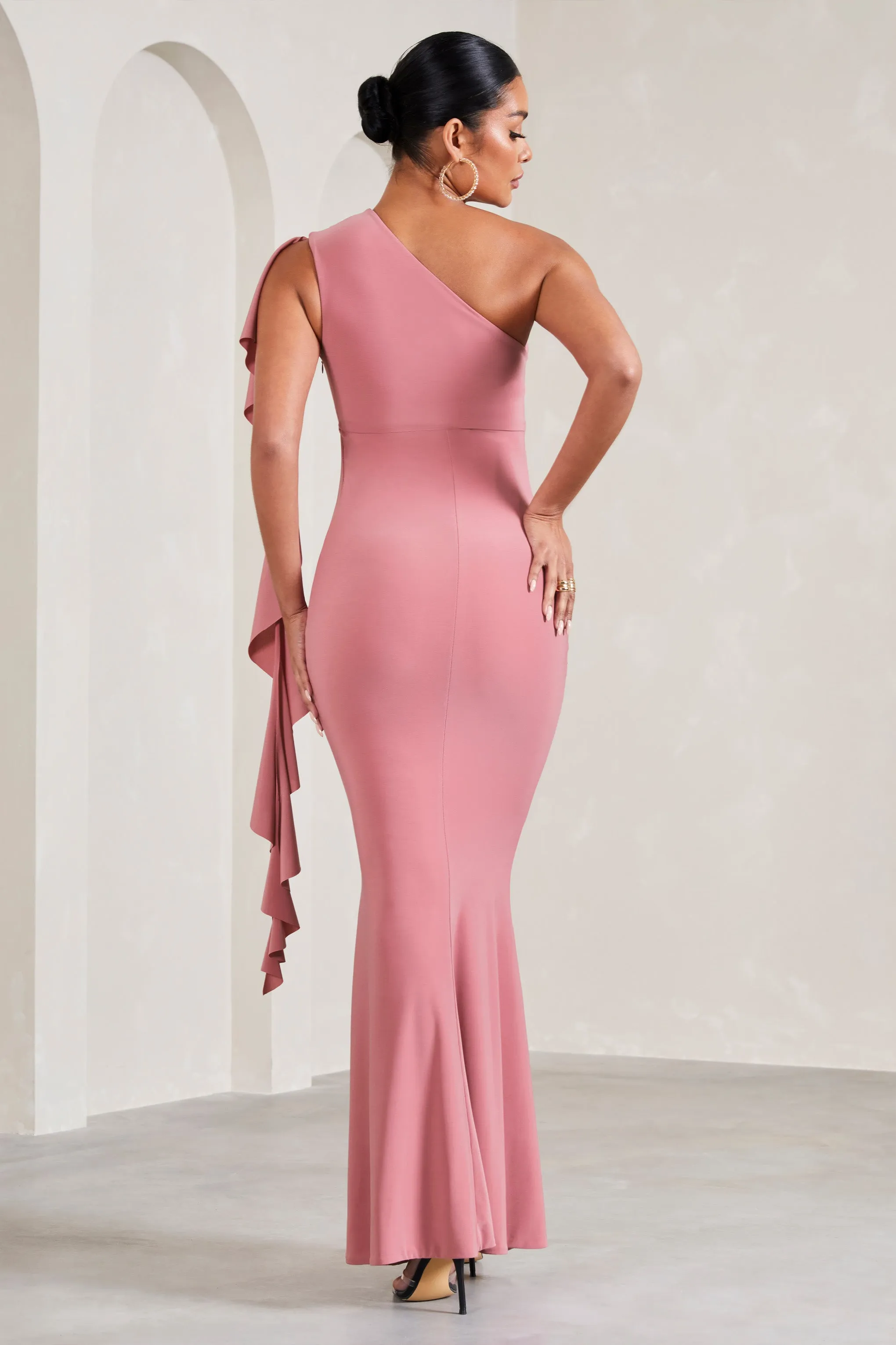 Rosalie | Blush Pink One-Shoulder Maternity Maxi Dress With Ruffles