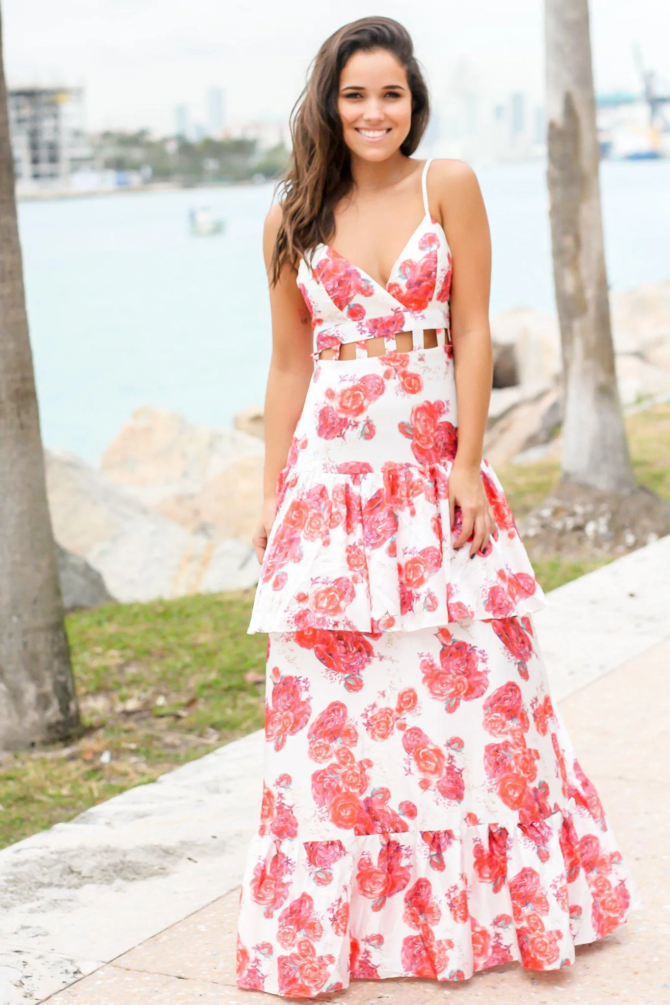 Rose Floral Maxi Dress with Cut Out Detail