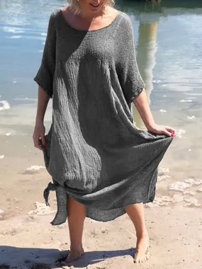 Round Neck Solid Short Sleeve Linen Dresses