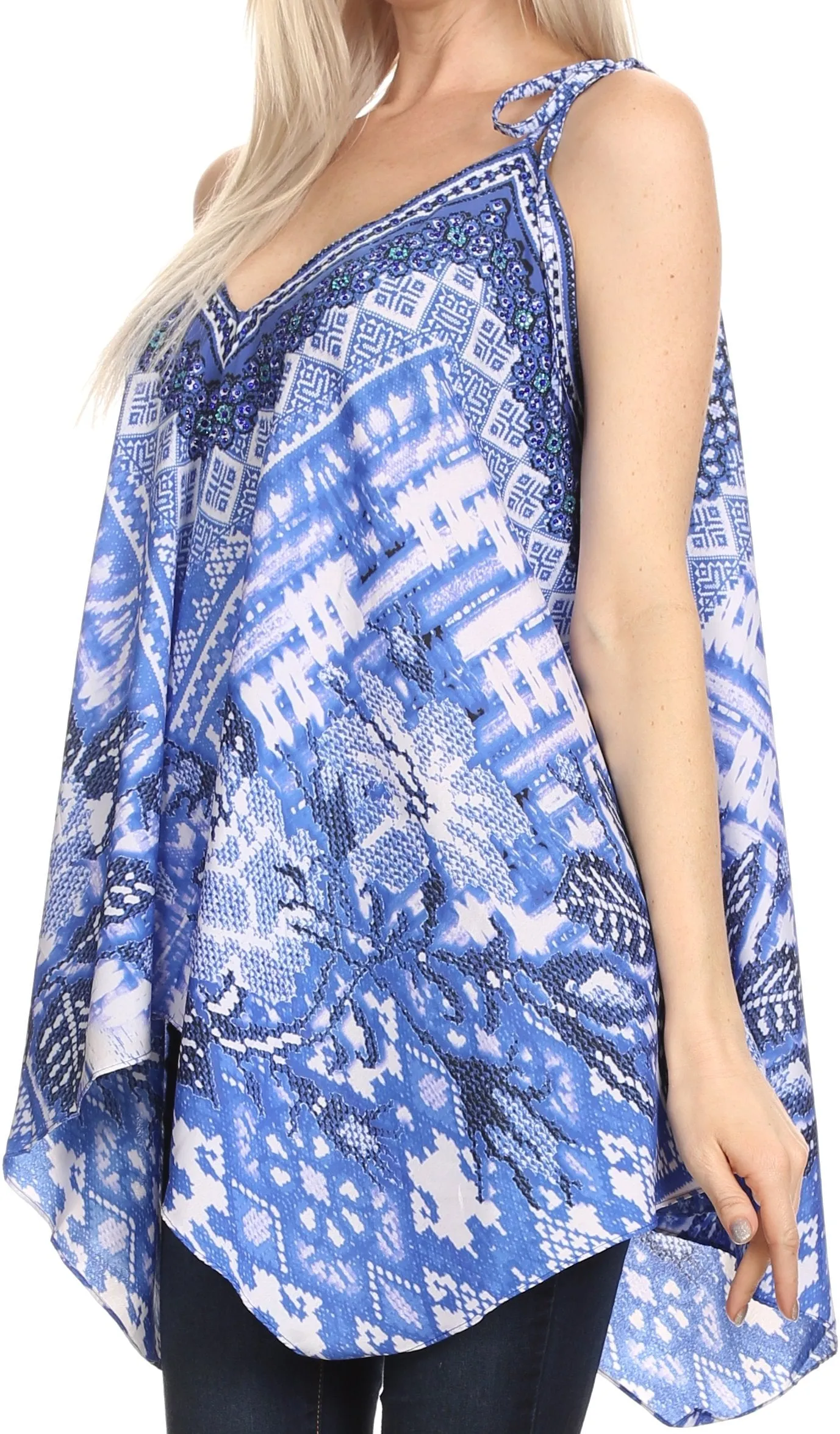 Sakkas Nasreen Sleeveless Printed V-Neck Tank Trapeze Caftan Adjustable Straps