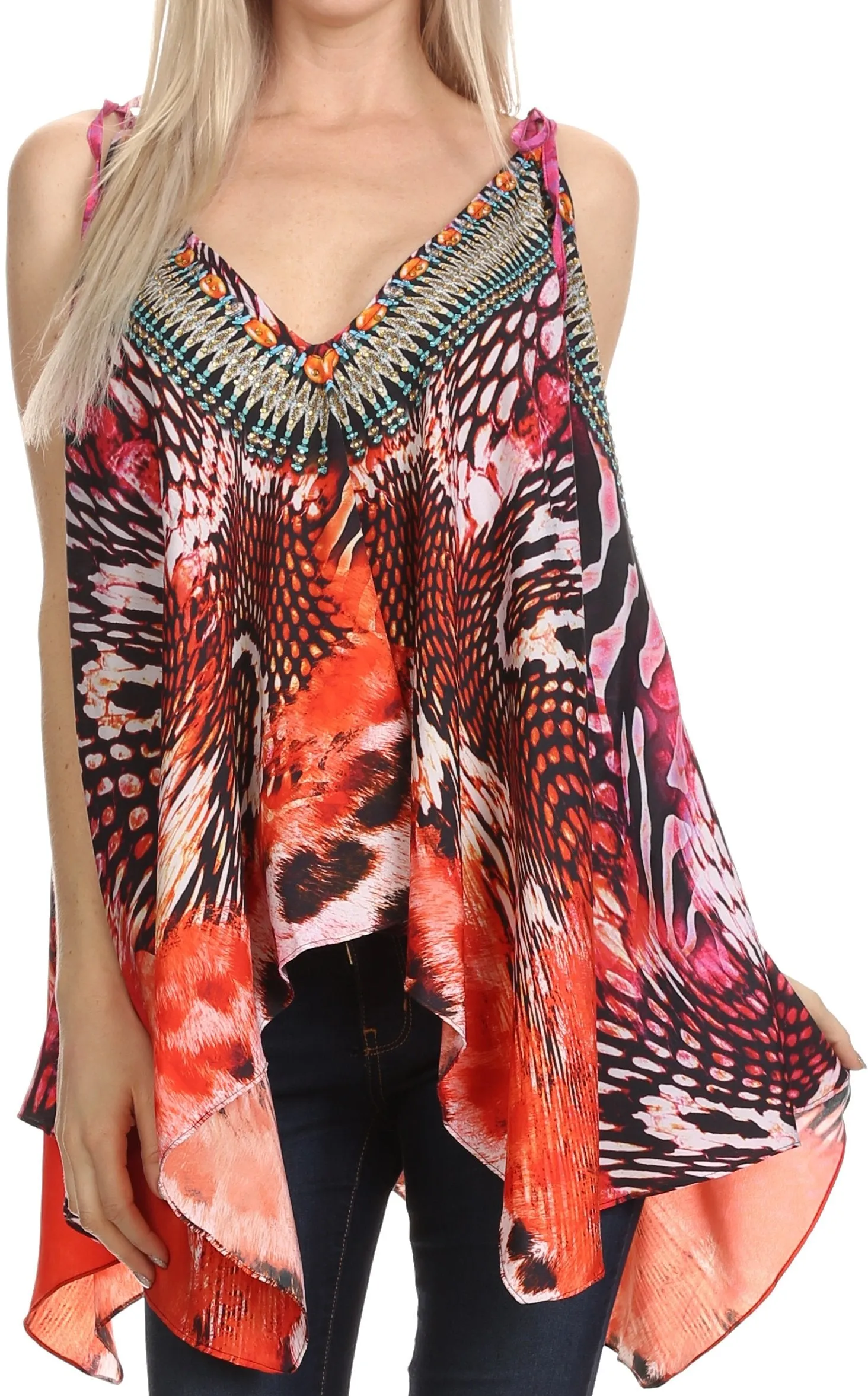 Sakkas Nasreen Sleeveless Printed V-Neck Tank Trapeze Caftan Adjustable Straps