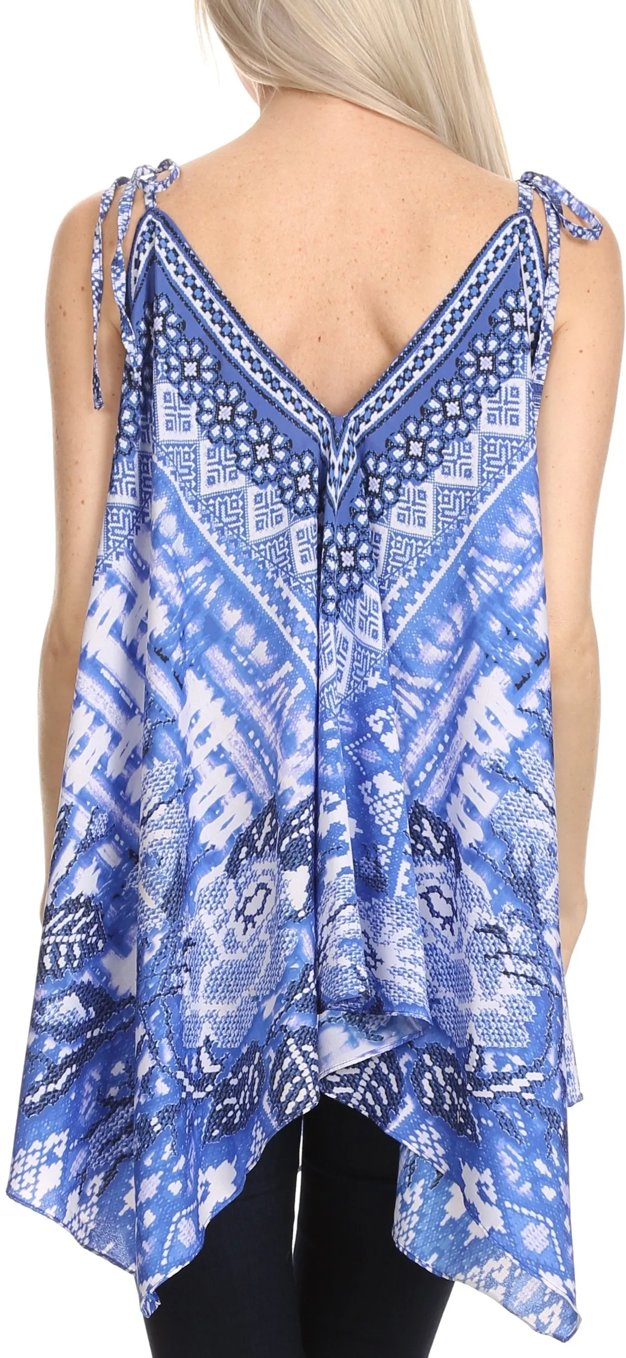 Sakkas Nasreen Sleeveless Printed V-Neck Tank Trapeze Caftan Adjustable Straps