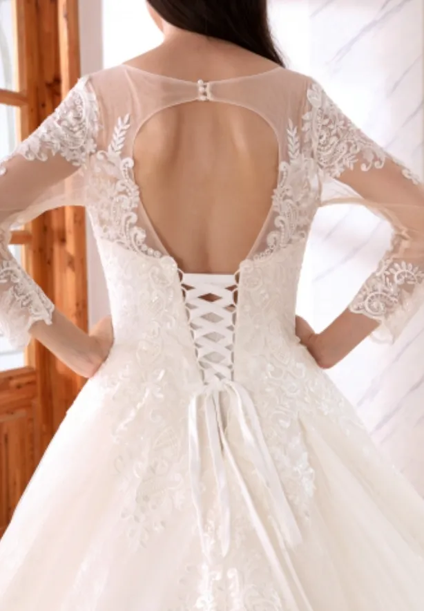 Satin Lace Illusion Sleeve A Line Bridal Wedding Ball Gown