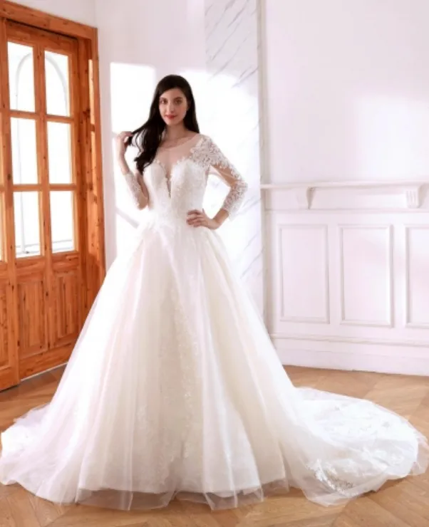 Satin Lace Illusion Sleeve A Line Bridal Wedding Ball Gown