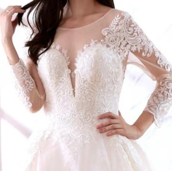 Satin Lace Illusion Sleeve A Line Bridal Wedding Ball Gown