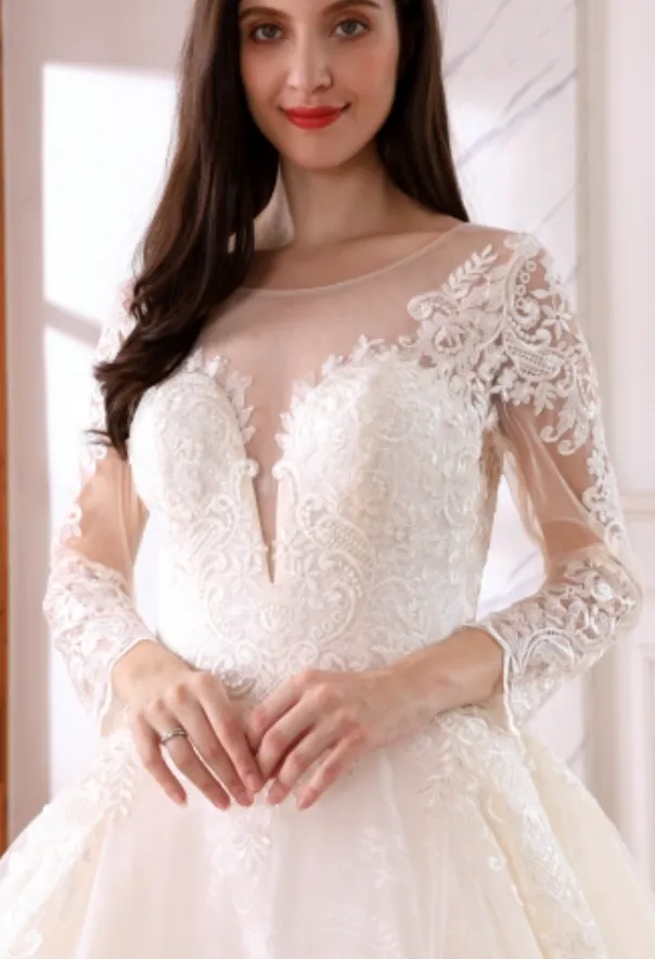 Satin Lace Illusion Sleeve A Line Bridal Wedding Ball Gown