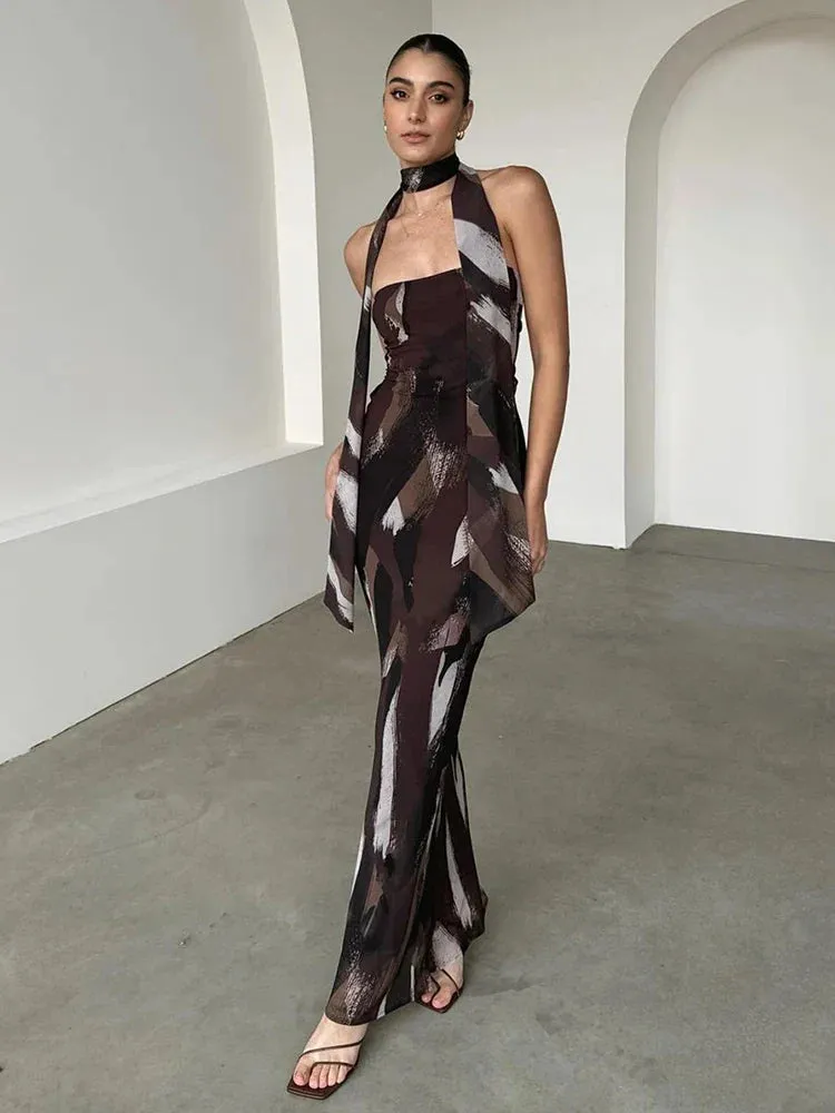 Scarf Print Slim Bodycon Long Backless Nightclub Spring Summer Maxi Dress