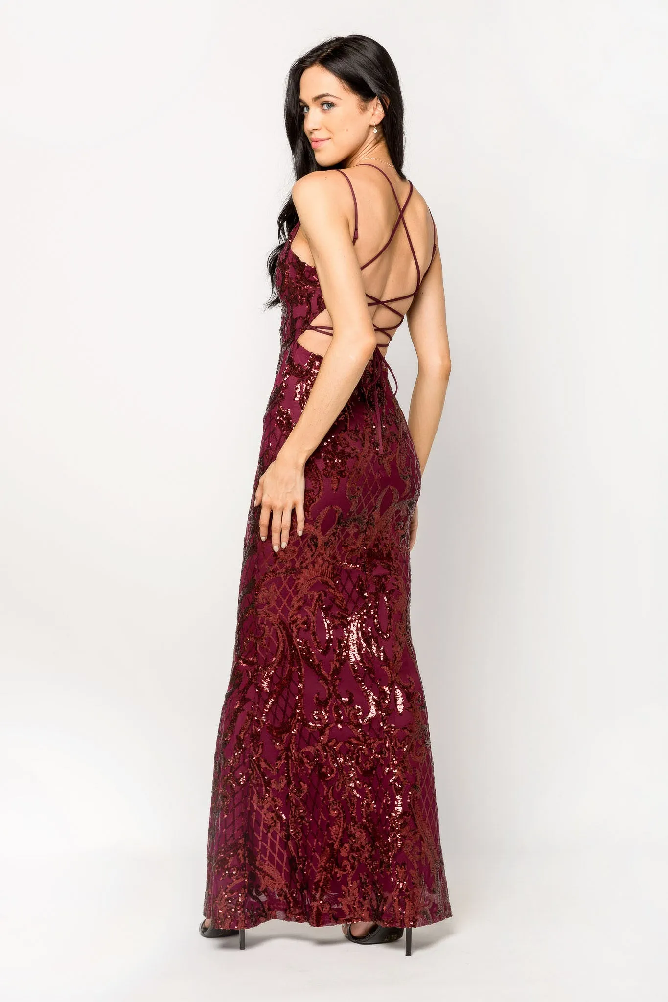 Sequin Mesh Mermaid Maxi Dress with Lace-up Back