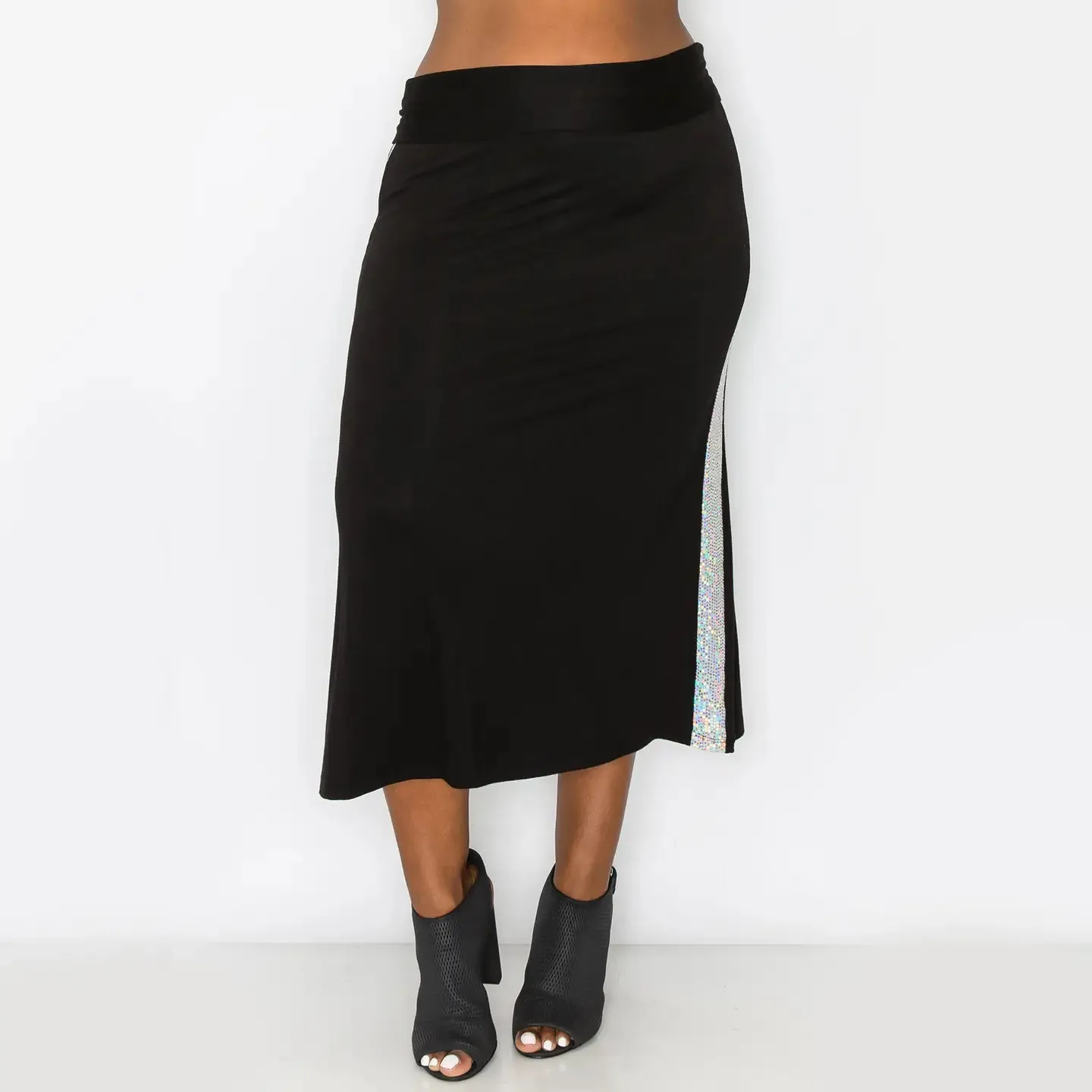 Sequin Side Contrast Foldover Midi Skirt Curve