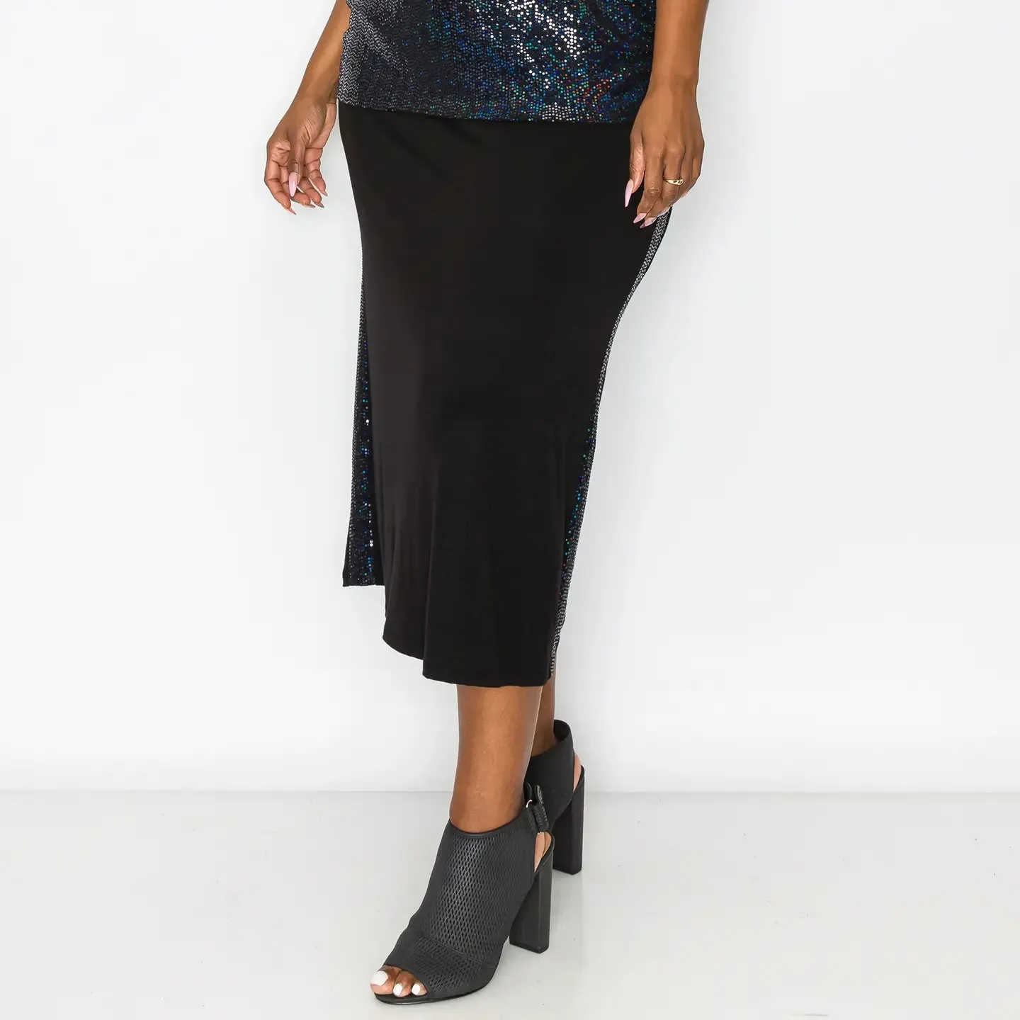 Sequin Side Contrast Foldover Midi Skirt Curve