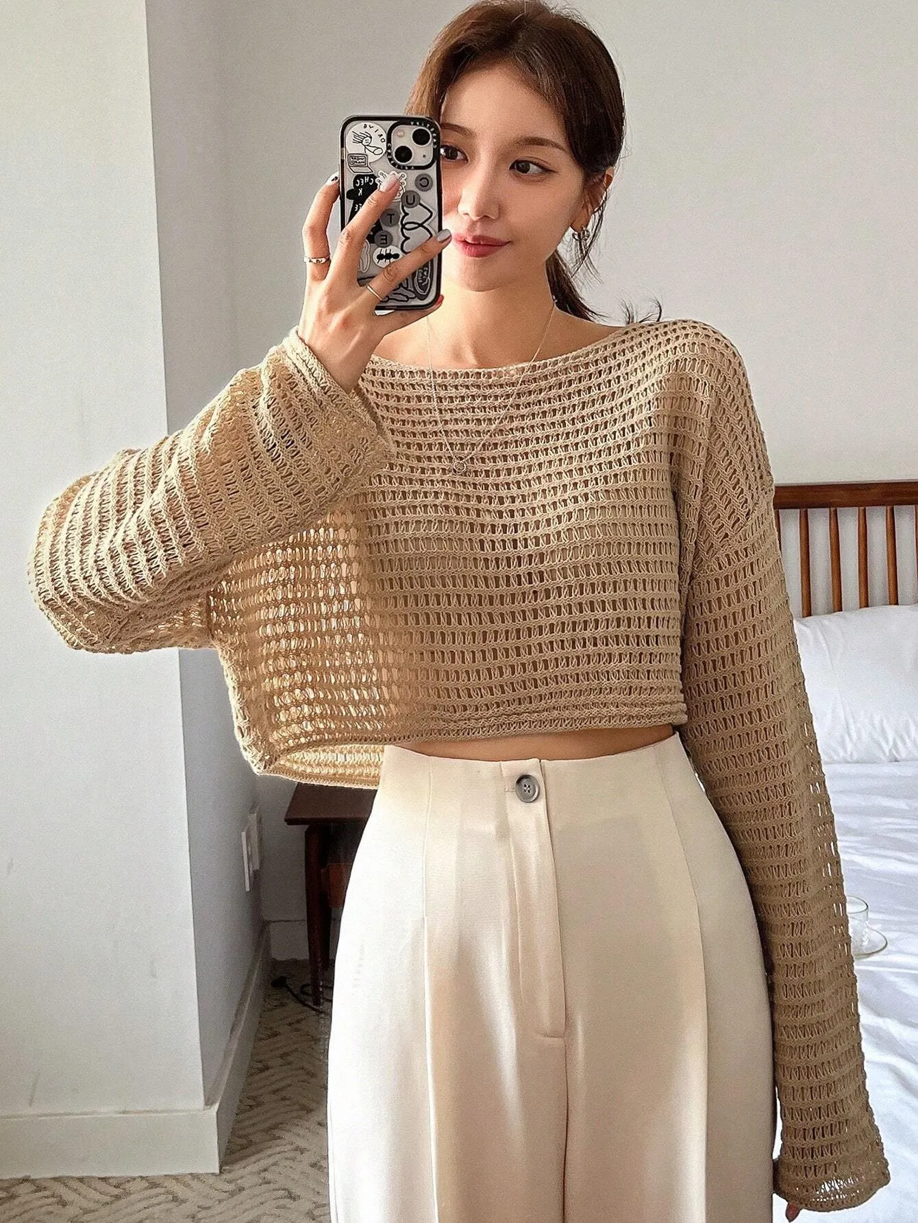 SHEIN DAZY Women Solid Color Basic Round Neck Hollow Knitted Sweater