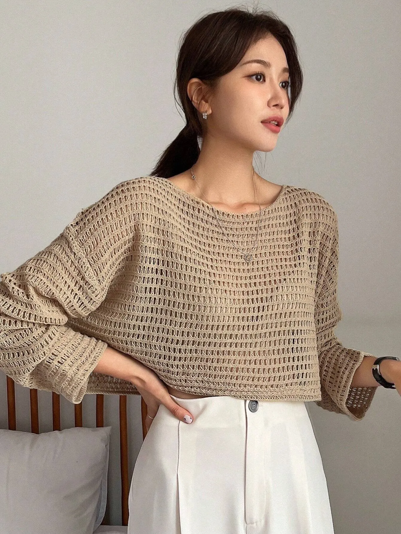 SHEIN DAZY Women Solid Color Basic Round Neck Hollow Knitted Sweater