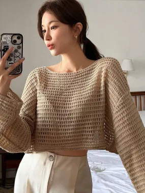 SHEIN DAZY Women Solid Color Basic Round Neck Hollow Knitted Sweater