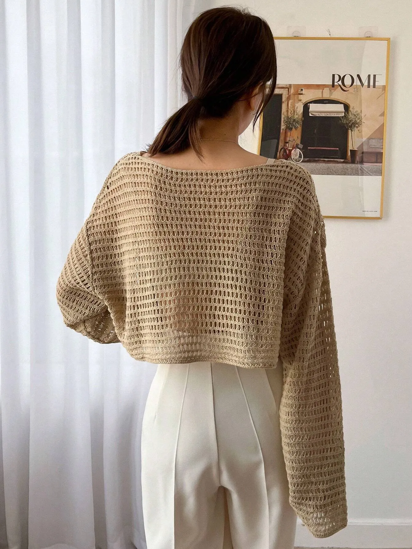 SHEIN DAZY Women Solid Color Basic Round Neck Hollow Knitted Sweater