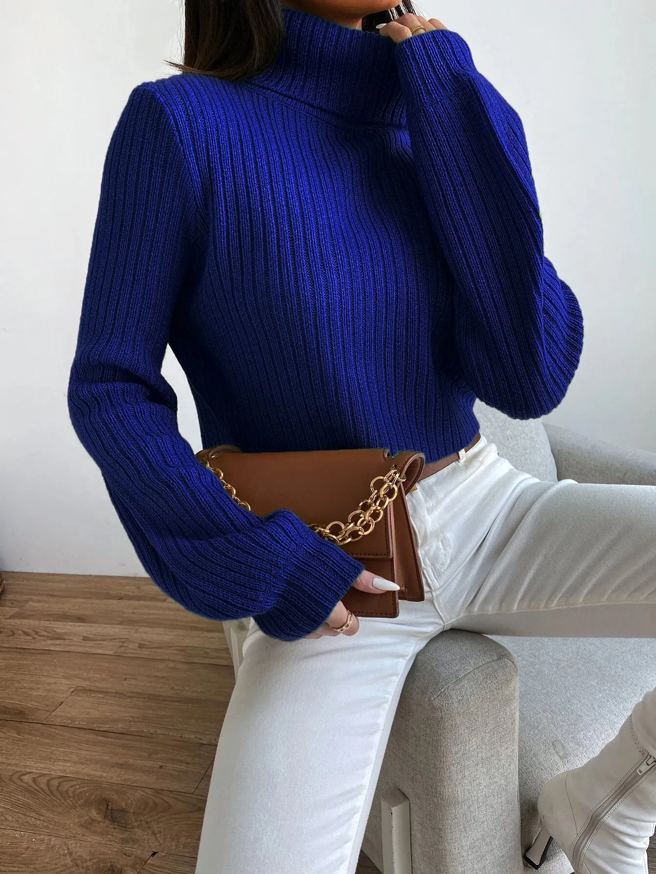 SHEIN Frenchy Solid Turtleneck Bishop Sleeve Crop Sweater