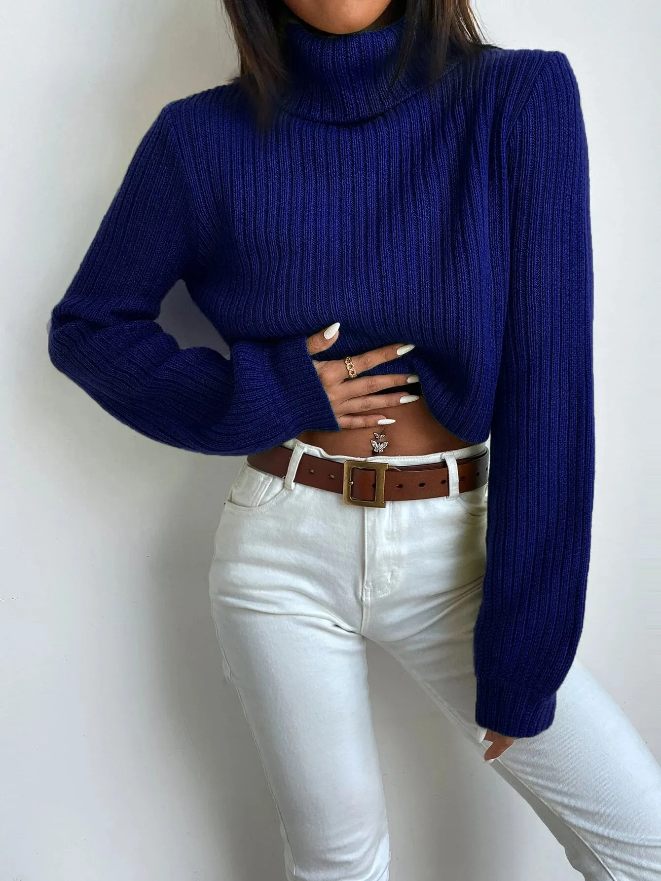 SHEIN Frenchy Solid Turtleneck Bishop Sleeve Crop Sweater