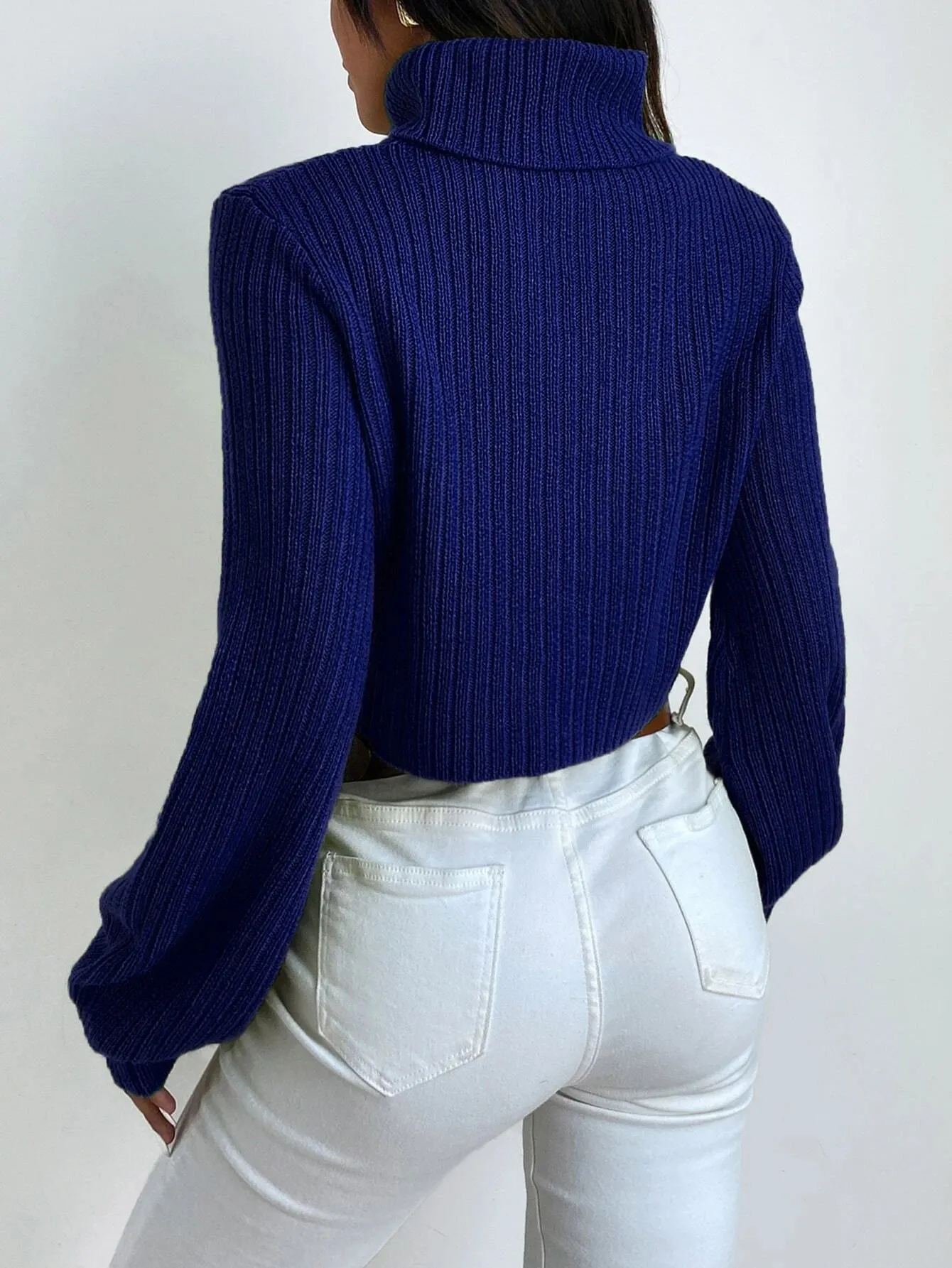 SHEIN Frenchy Solid Turtleneck Bishop Sleeve Crop Sweater