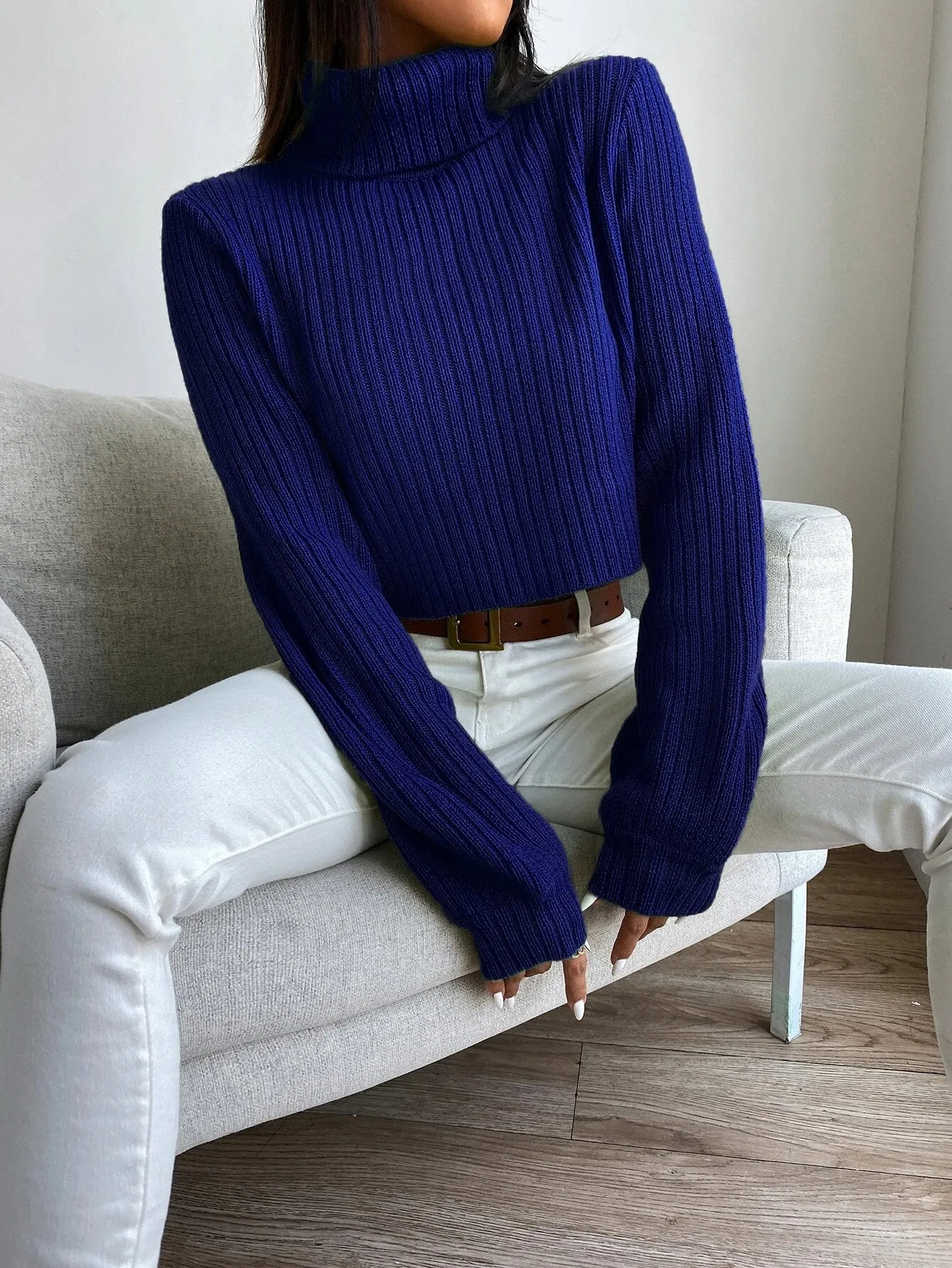 SHEIN Frenchy Solid Turtleneck Bishop Sleeve Crop Sweater