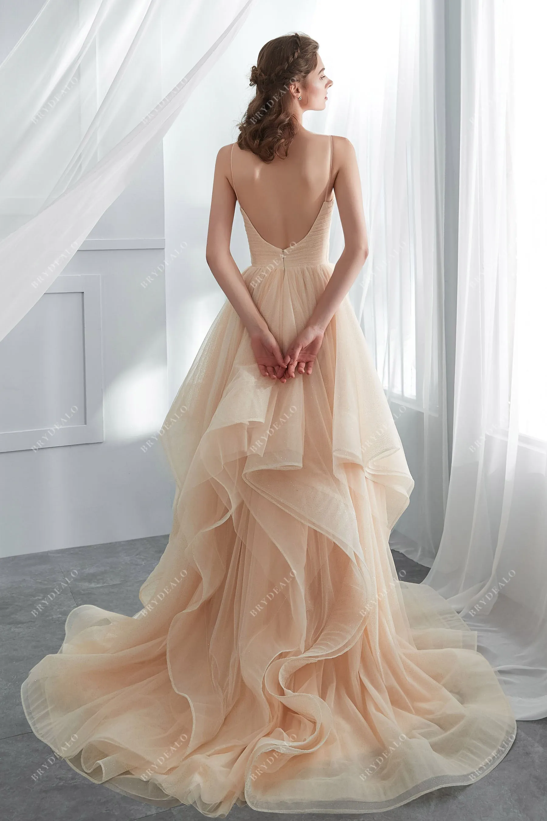 Shimmery Champagne Tulle Ruffles Layered Wedding Ballgown