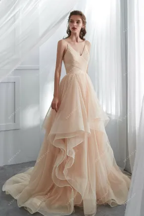 Shimmery Champagne Tulle Ruffles Layered Wedding Ballgown