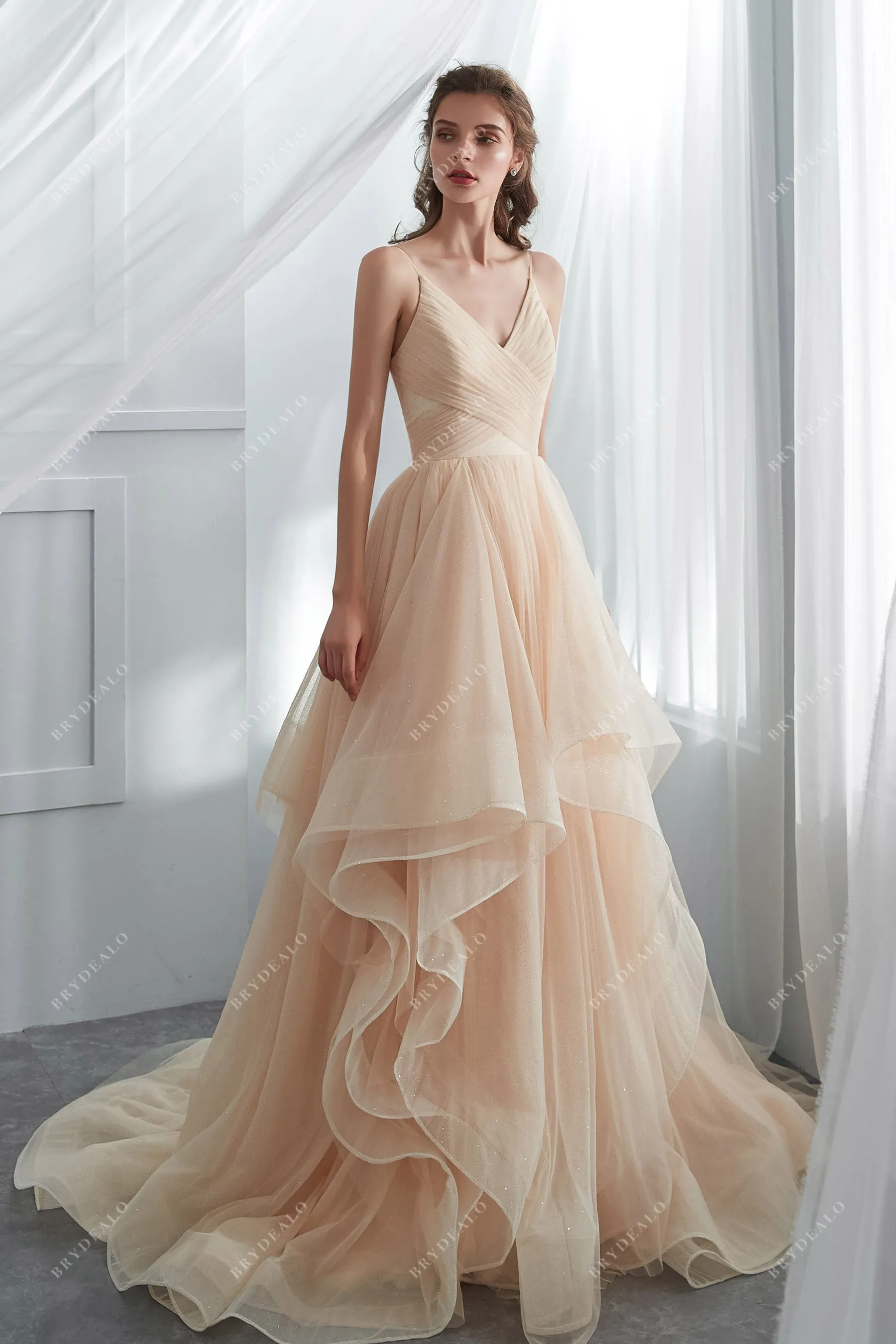 Shimmery Champagne Tulle Ruffles Layered Wedding Ballgown