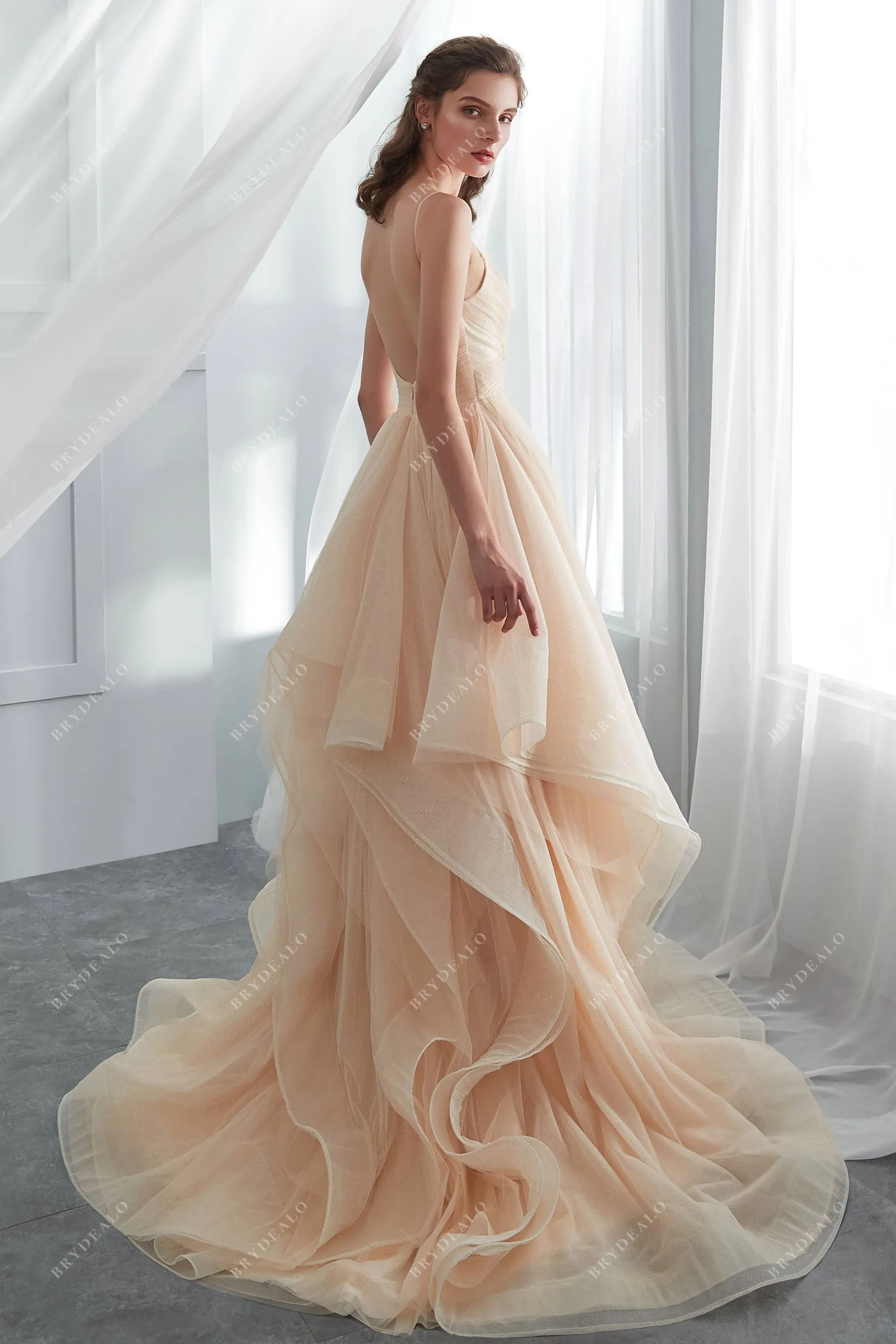 Shimmery Champagne Tulle Ruffles Layered Wedding Ballgown