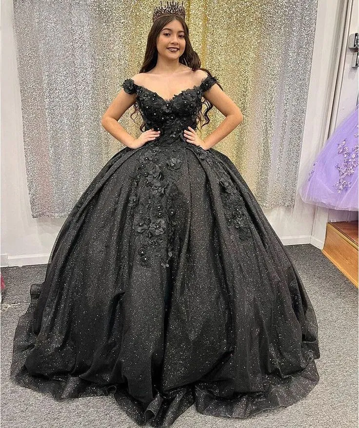 Shiny Black Quinceanera Off Shoulder Dress Sweet 15 16 Party Ball Gown Prom Dress      fg4072