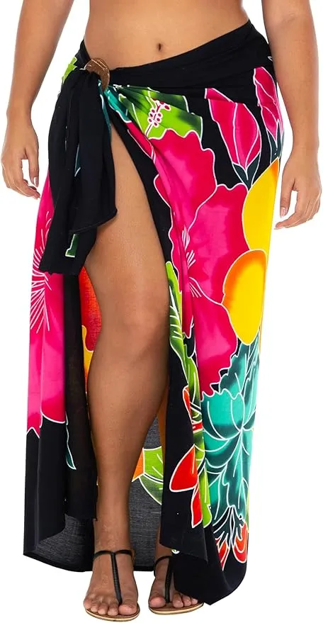 SHU-SHI Womens Plus Size Sarong Hibiscus Floral Pareo Cover Up - Flower Beach Wrap Long Pool Resort Skirt