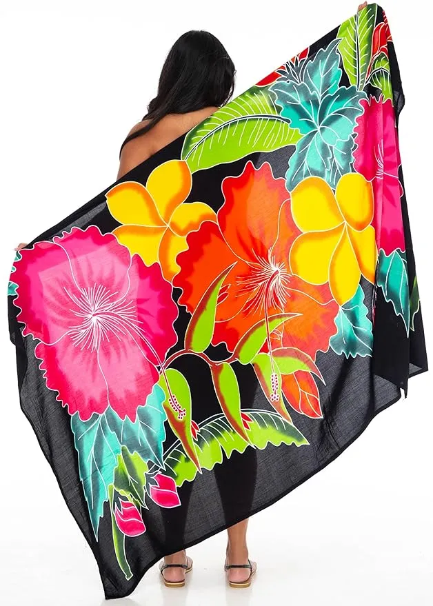 SHU-SHI Womens Plus Size Sarong Hibiscus Floral Pareo Cover Up - Flower Beach Wrap Long Pool Resort Skirt