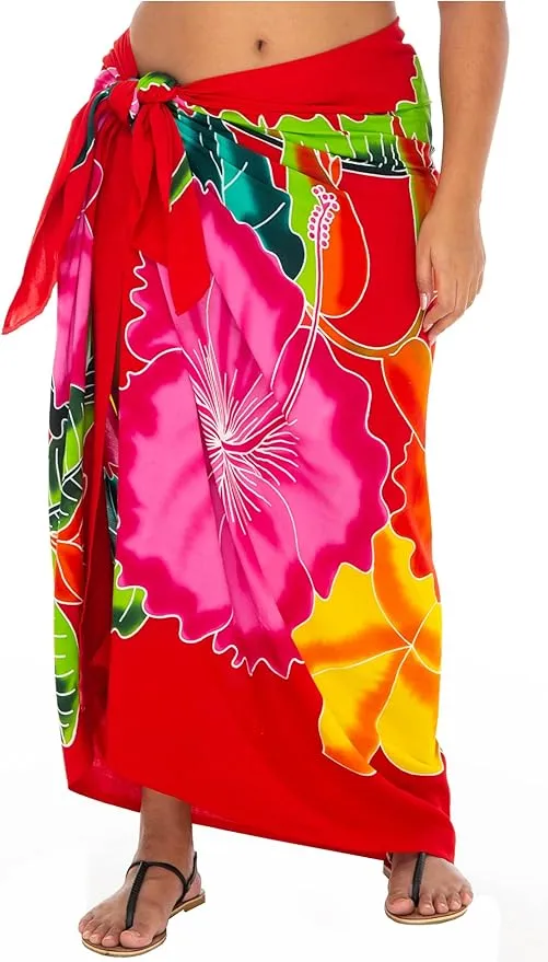 SHU-SHI Womens Plus Size Sarong Hibiscus Floral Pareo Cover Up - Flower Beach Wrap Long Pool Resort Skirt