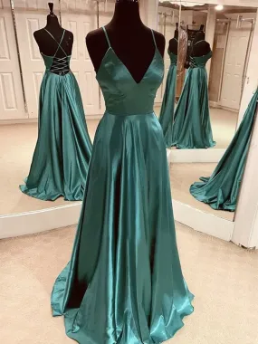 Simple A Line V Neck Satin Backless Green Long Prom, Open Back Green Formal Graduation Evening