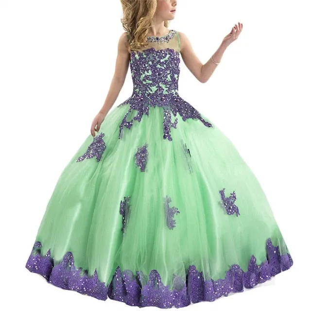 Sleeveless Flower Girl Pageant Princess Ball Gown in 3 Color Styles