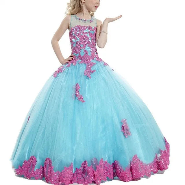 Sleeveless Flower Girl Pageant Princess Ball Gown in 3 Color Styles