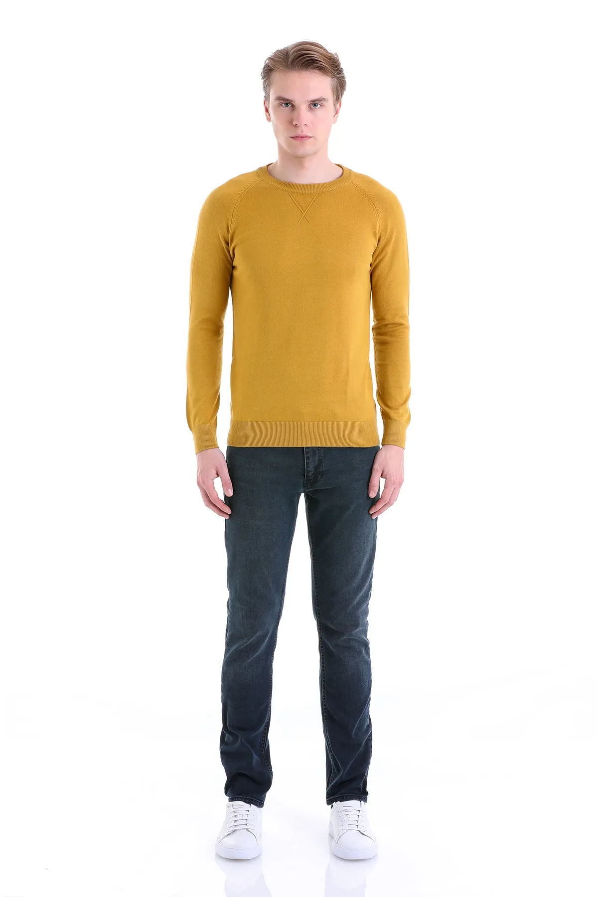 Slim Fit Mustard Cotton Blend Crew Neck Sweater