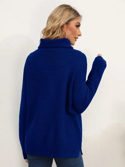 Slit Turtleneck Dropped Shoulder Sweater