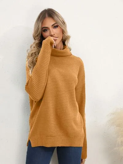 Slit Turtleneck Dropped Shoulder Sweater