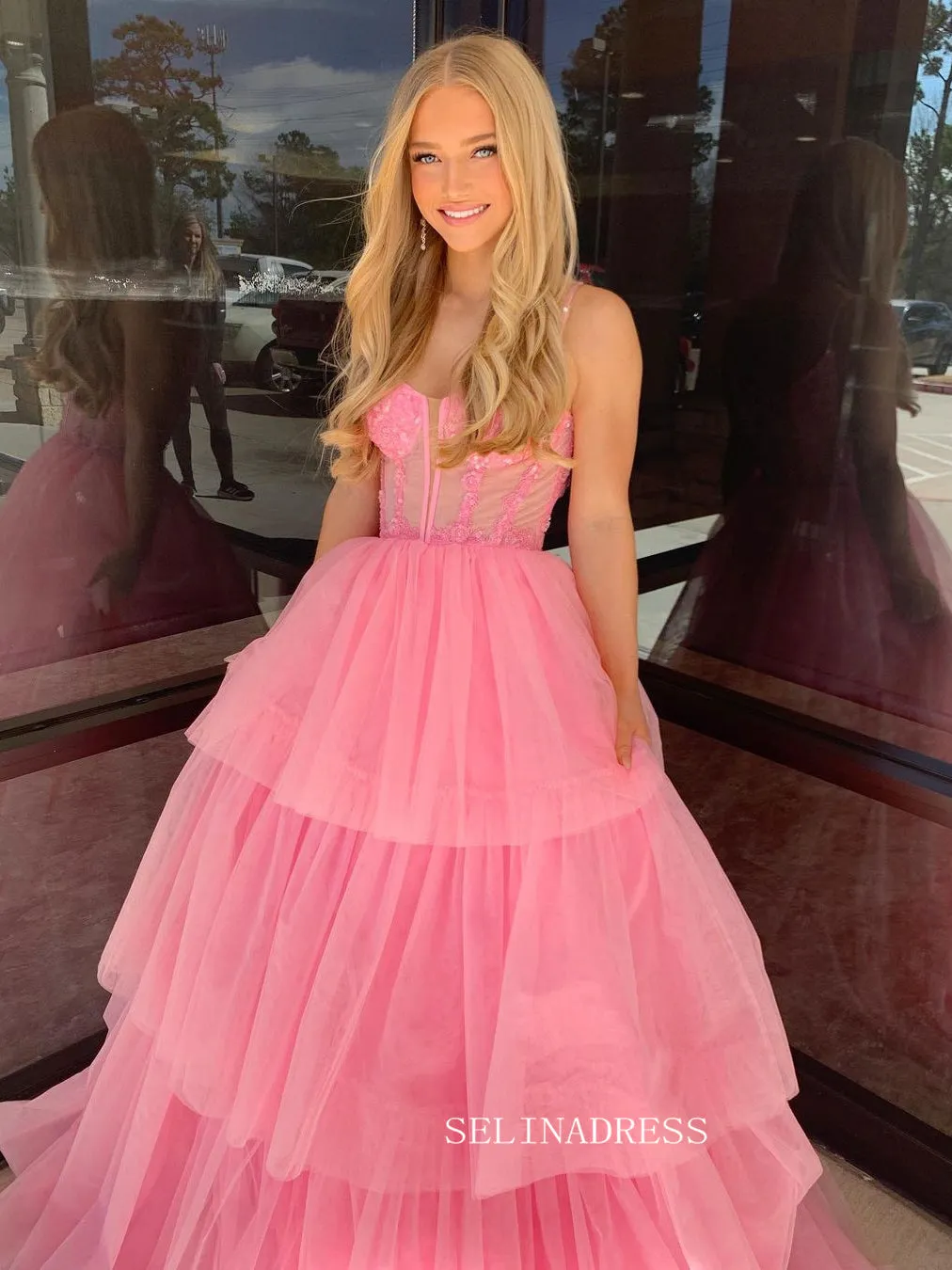 Spaghetti Straps Pink Layered Long Prom Dresses Cheap Evening Dress sew1014