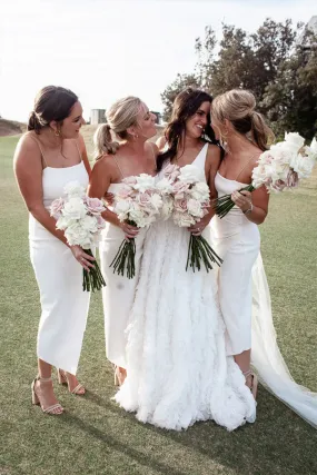 Spaghetti Straps Tea Length Ivory Bridesmaid Dress