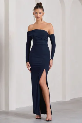 Stand Out | Navy Bardot Ruched Maxi With Sleeves And Side Split