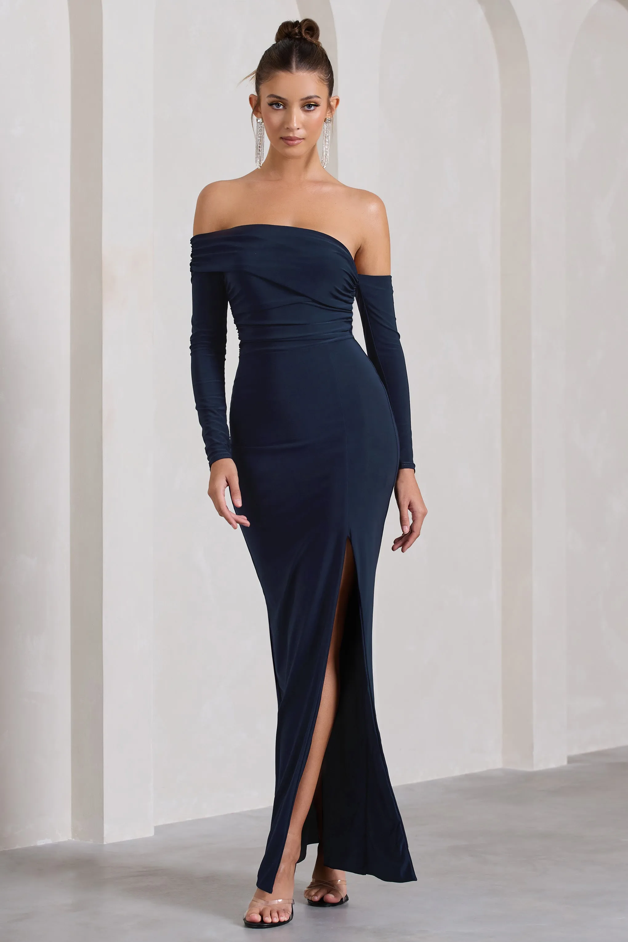 Stand Out | Navy Bardot Ruched Maxi With Sleeves And Side Split