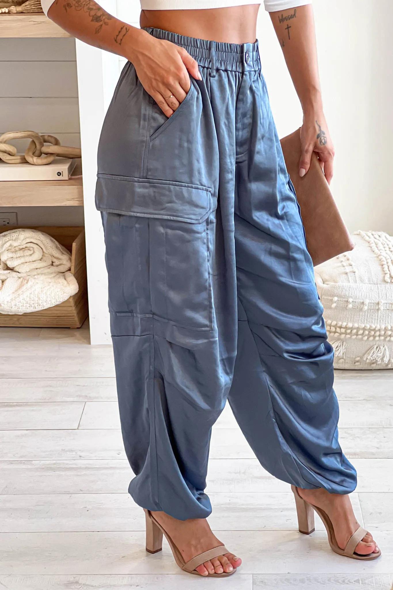 Steel Blue Wide Leg Cargo Pants