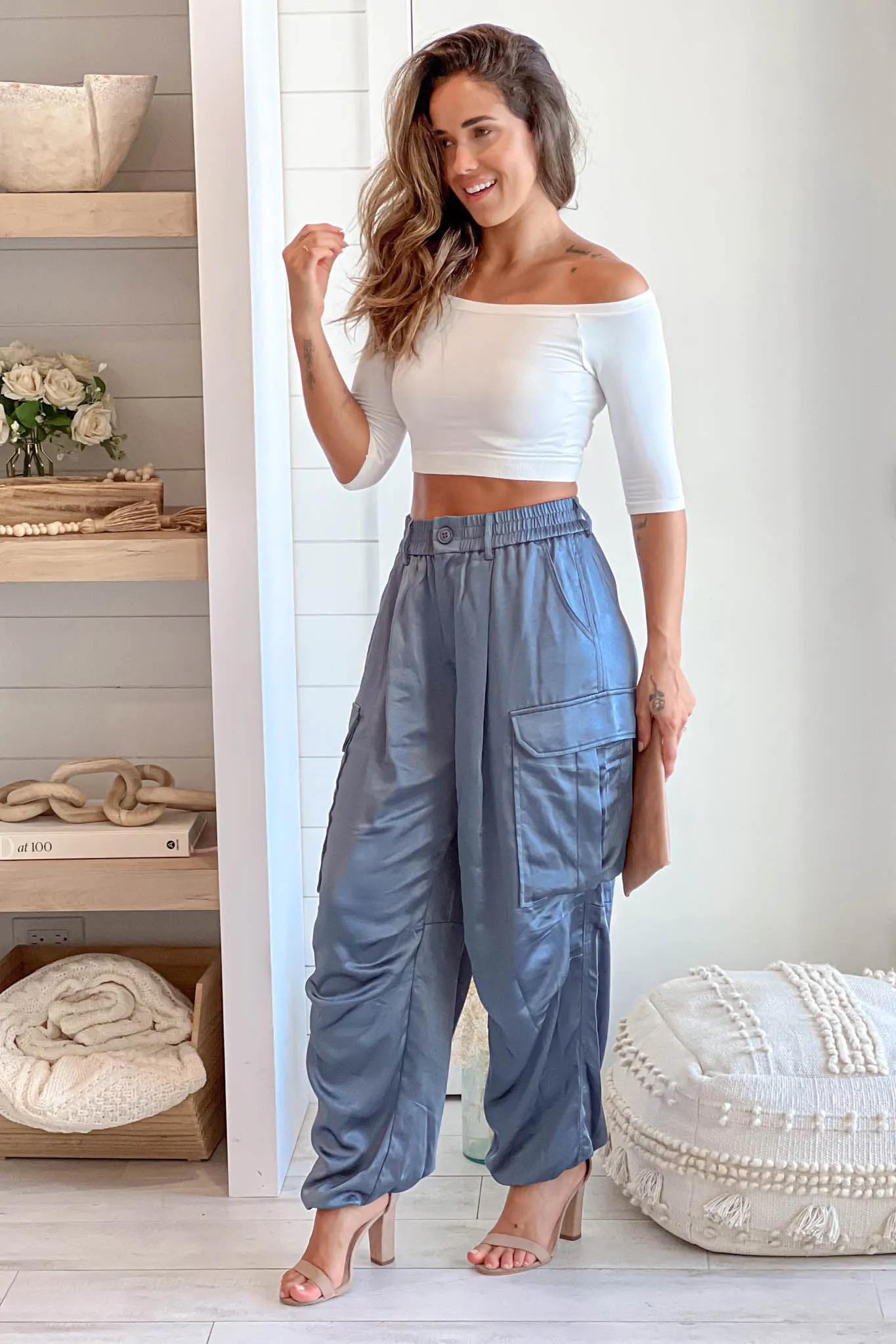 Steel Blue Wide Leg Cargo Pants