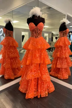 Strapless Layered Orange Lace Floral Long Prom Dress, Orange Lace Formal Dress, Orange Evening Dress A2046